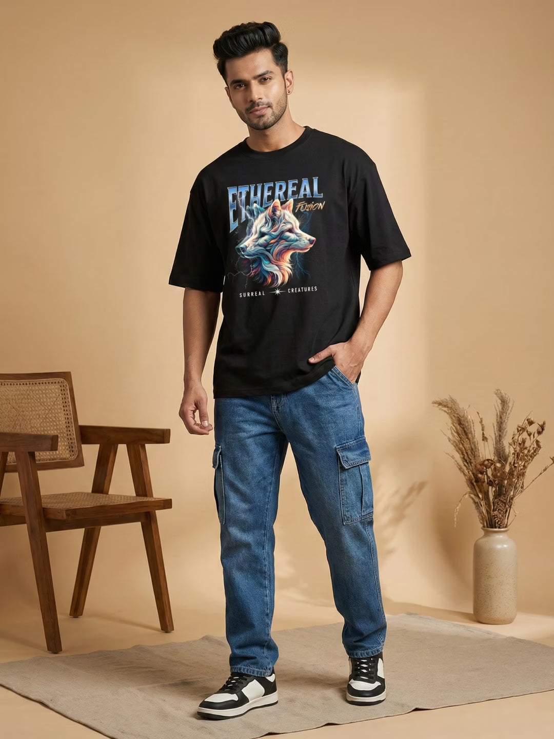 ETHEREAL // Wolf Fusion Oversized Cotton T-Shirt