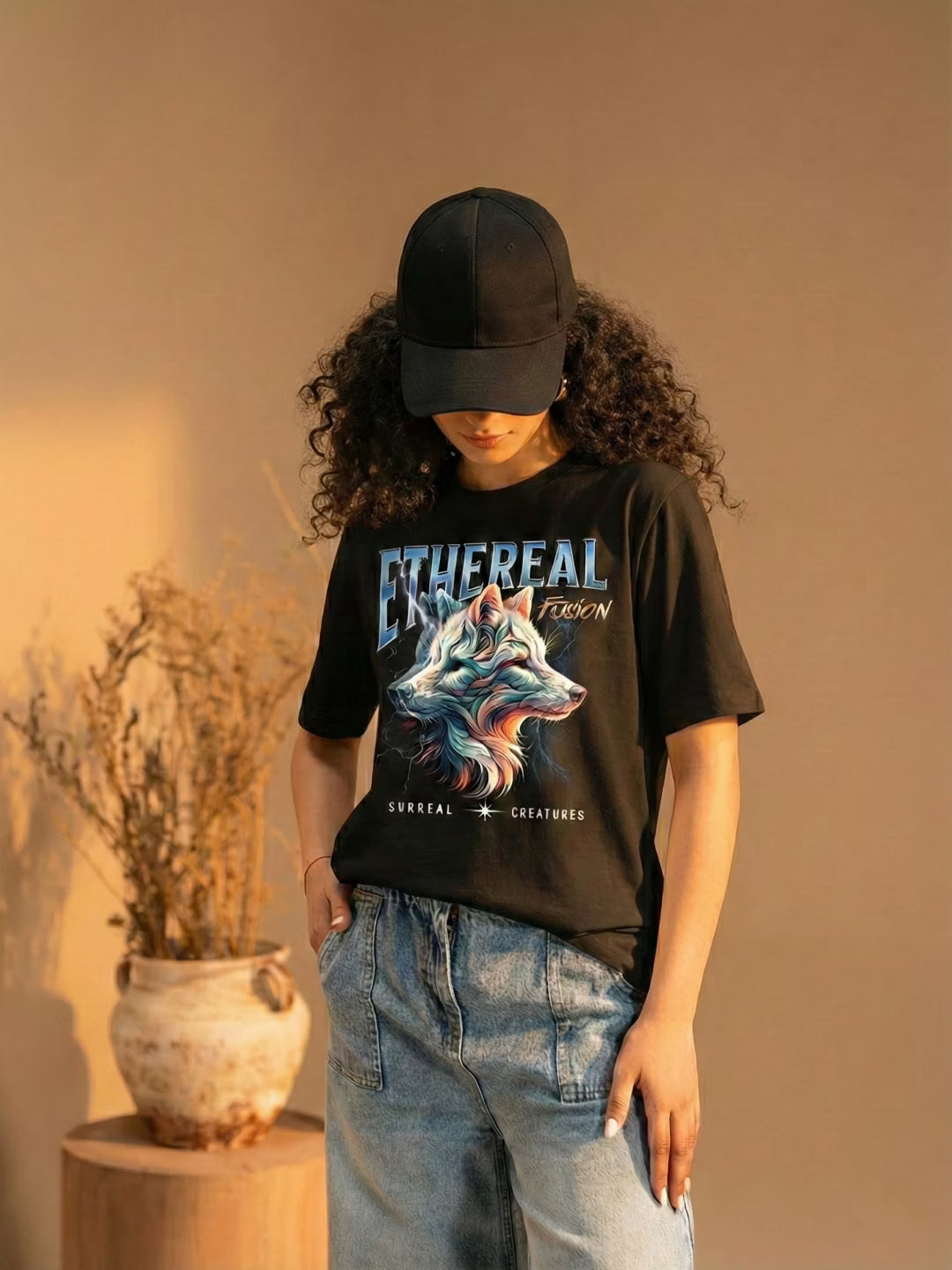 ETHEREAL // Wolf Fusion Oversized Cotton T-Shirt